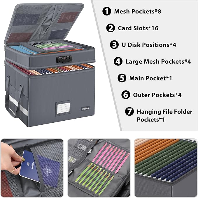 DocSafe File Box with Lock,Multi-Layer Fireproof Document Box Collapsible File Storage Organizer with Pockets/Handle,Large Portable Home Office Filing Box for Hanging Letter/Legal Size Folders,Gray