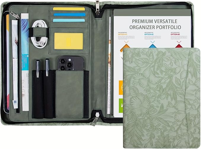 Embossed Vegan Leather Portfolio for Women,Professional Organize Padfolio with A4 Notepad Holder,Professional Business Document Organizer for Women (Light Green)