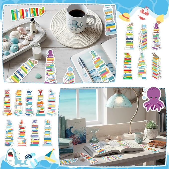 Kolldenn 150 Pcs Book Tracker Bookmarks Bulk 6.3 x 1.97 Inch Bookshelf Love to Read Bookmarks Paper Tracking Double Sided Reading Page Markers for Back to School Reading Lover(Summer Ocean)