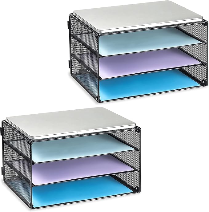 DALTACK 3 Tier Letter Tray Paper Organizer for Desk, Mesh Metal Desk File Organizer with Sliding Trays for Letter/A4 Paper, Mail, Bills & Folders, 2 Pack, Black