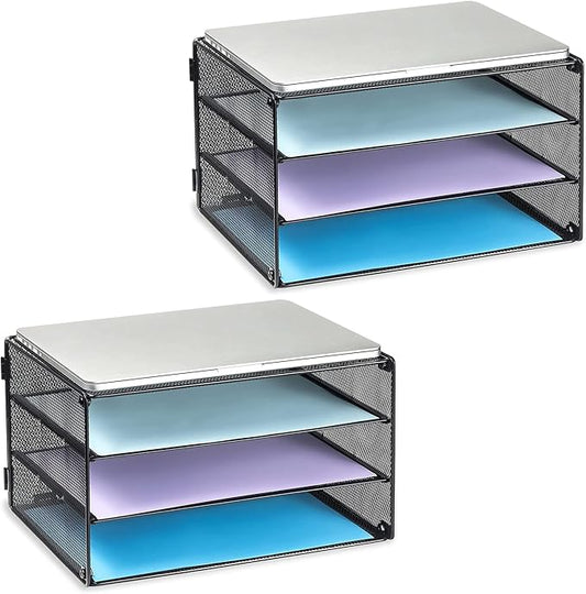 DALTACK 3 Tier Letter Tray Paper Organizer for Desk, Mesh Metal Desk File Organizer with Sliding Trays for Letter/A4 Paper, Mail, Bills & Folders, 2 Pack, Black