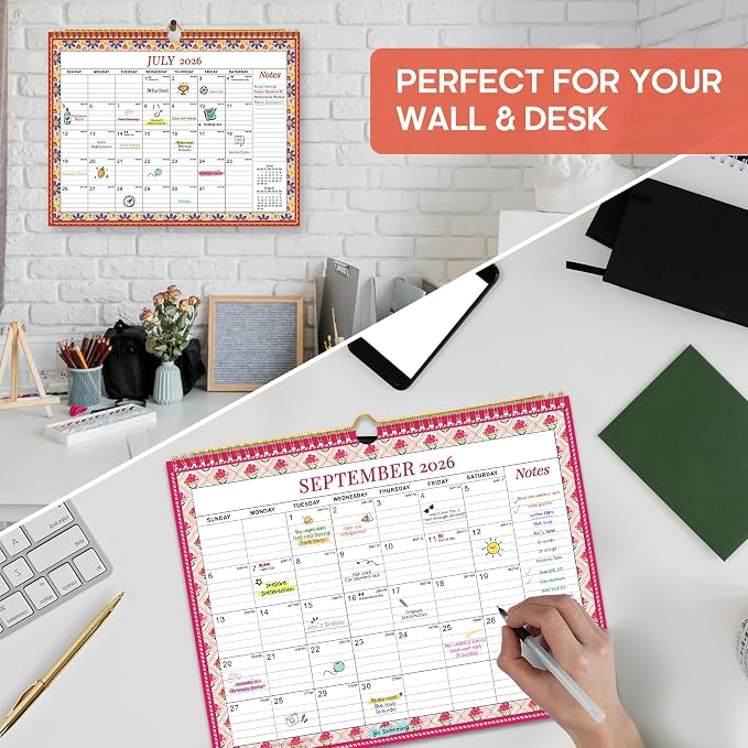 Calendar 2026-2027, Monthly Wall Calendar Runs Until June 2027, 11.5" x 14.7", Spiral Binding Hanging Wall Calendar, Perfect for Home or Office,Floral Borders