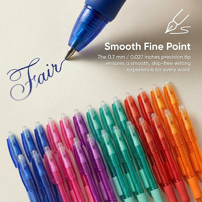 Volcanics Erasable Gel Pens with Caps, Colored Gel Ink Pens 0.7mm Medium Point Fine Tip, 6 Assorted Vibrant Colors for Note Taking, Planner, and Office Supplies, 36 Pack