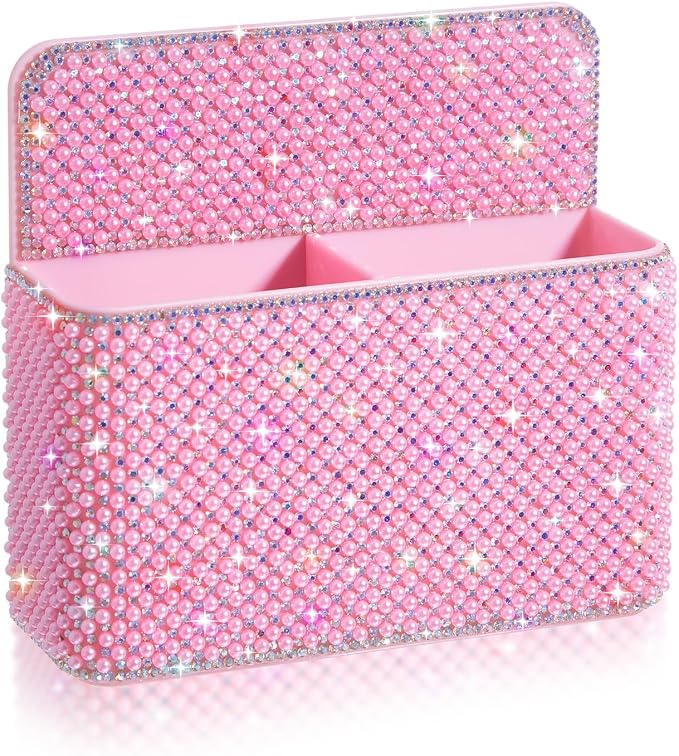MotiMind Pink Locker Accessories for Girls, Bling Magnetic Pen Holder for Refrigerator, Back to School Rhinestone Marker Holder for Locker, Sparkly Gift for Student (Medium,Pearl)