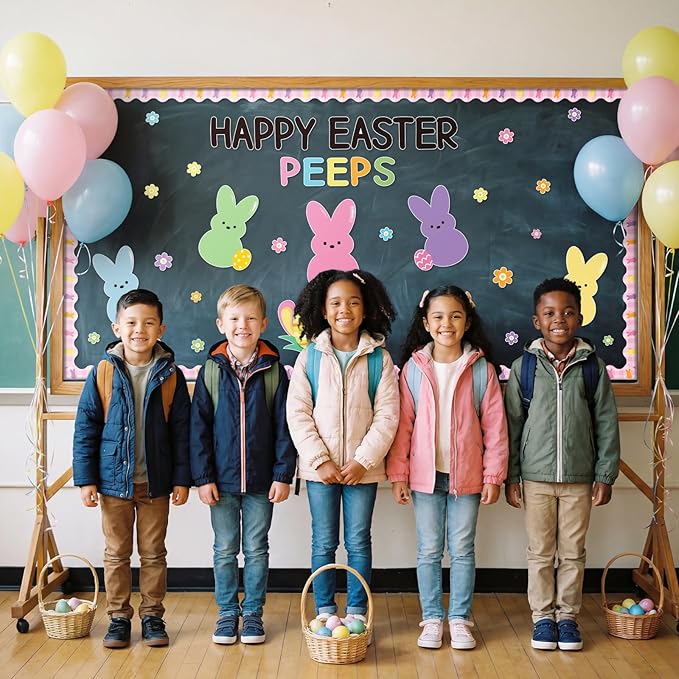 Easter Bulletin Board Decor Colorful Bunny Cutouts Bulletin Board Border for Classroom School Blackboard Door Wall Decor Kids DIY Craft Spring Classroom Decorations