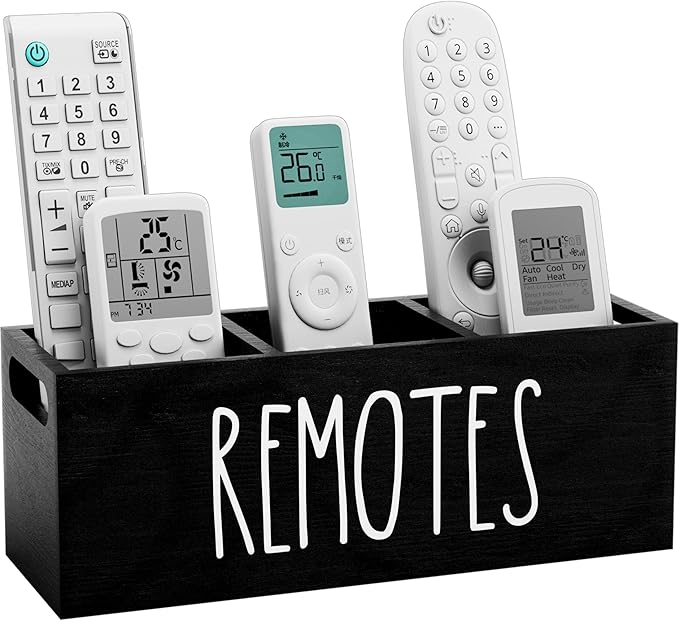 Remote Holder for Table, 3 Slots Wooden TV Remote Control Holder, Bedside Remote Control Storage Organizer - 10" x 3.3" x 3.3" Black