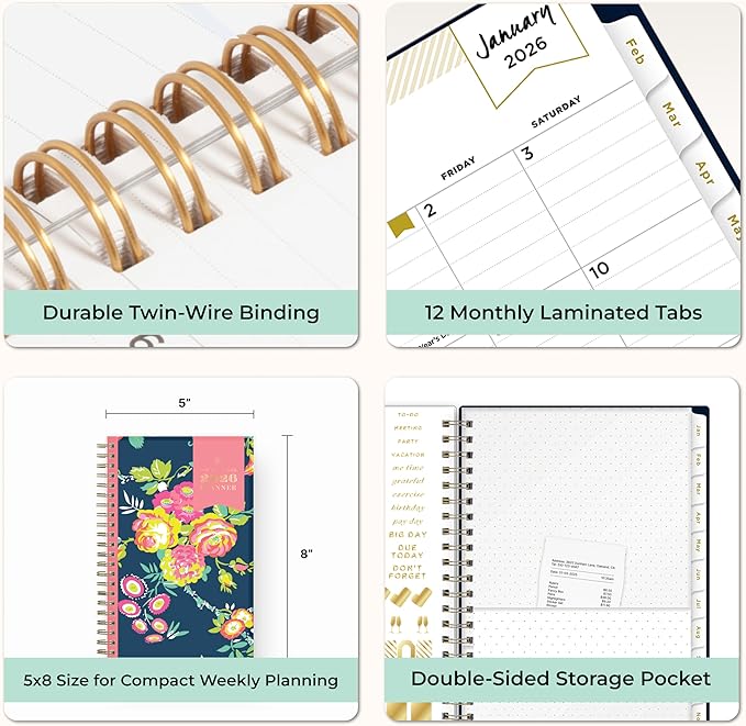 Blue Sky Day Designer 2026 Weekly and Monthly Planner Calendar, January 2026 - December 2026, 5" x 8", Clear Pocket Cover, Durable Twin Wire Binding, Includes Storage Pocket, Stickers, Peyton Navy