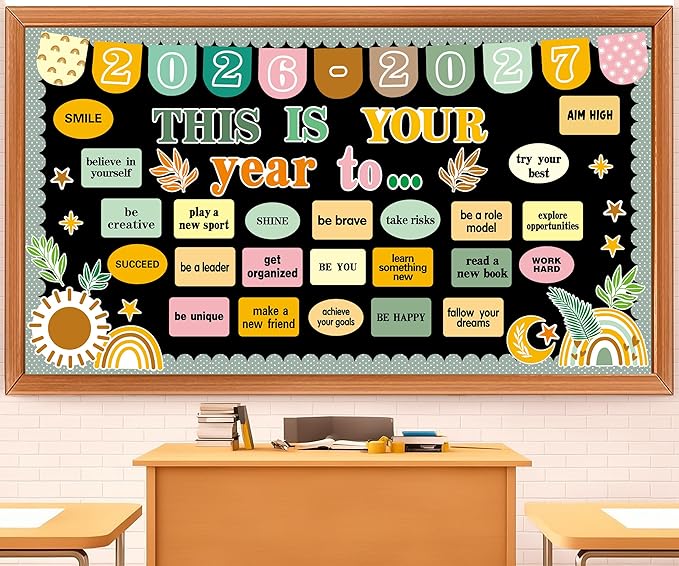 Boho Motivational Bulletin Board Set – This is Your Year Retro Classroom Decor – Inspirational Welcome Back to School Cutouts for Chalkboard, Wall, Door & Office Supplies