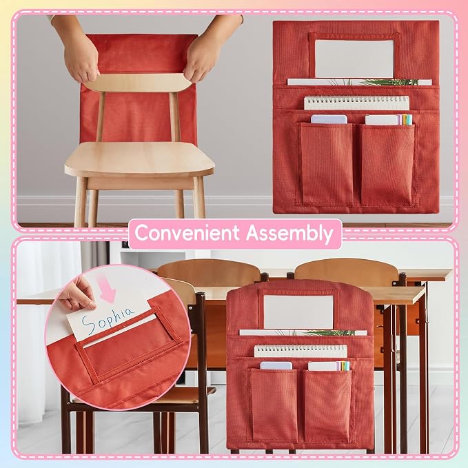 gisgfim 24 Pcs Small Chair Pockets for Classroom 13 x 14 Inch Bag with Name Tag Multi Pockets Chairsback Pouch Organizer for Student Kindergarten Elementary Daycare (Groovy)