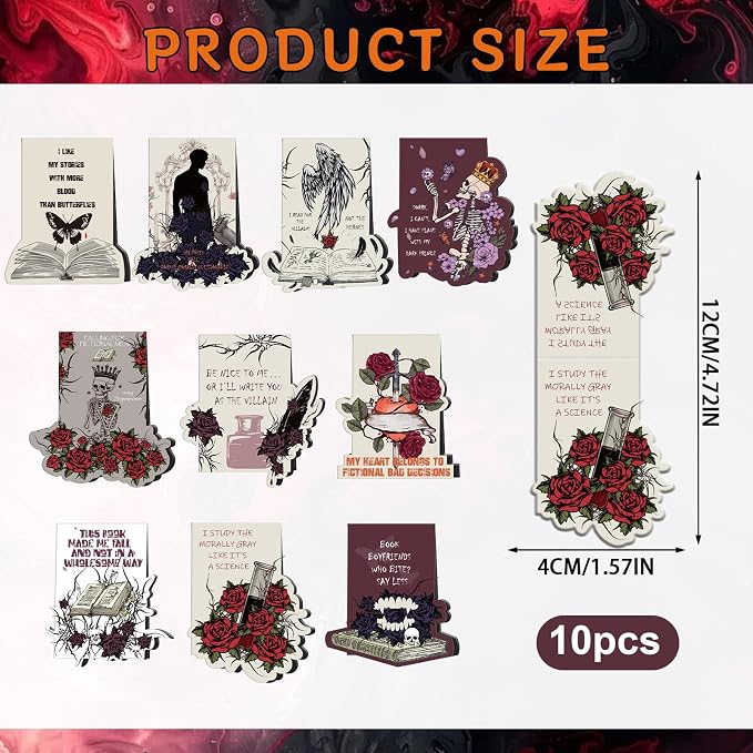 Dark Romance Magnetic Bookmarks for Women - Wxiben 10 Pcs Gothic Flower Skull Magnet Book Page Markers Funny Rose Skeleton Bookmark Clips Gifts for Men Book Lovers Romance Reader Office Supplies