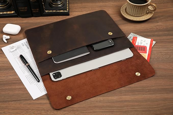 Leather Tablet Sleeve for 11/12.9/13 Inch iPad Pro, Document Holder Folio File Holder, Genuine Leather Sleeve iPad Case for Protection and Style-Dark Khaki-Custom