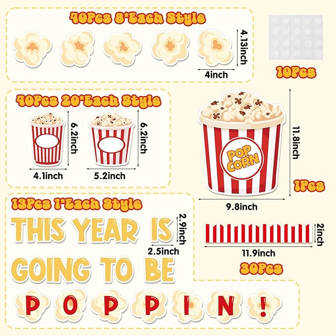 134Pcs Back to School Popcorn Bulletin Board Classroom Decoration Cute Popcorn Boxes Cutouts Name Tags Boarder Trim Back to School Popping Party Classroom Chalkboard Wall Door Decor Supplies