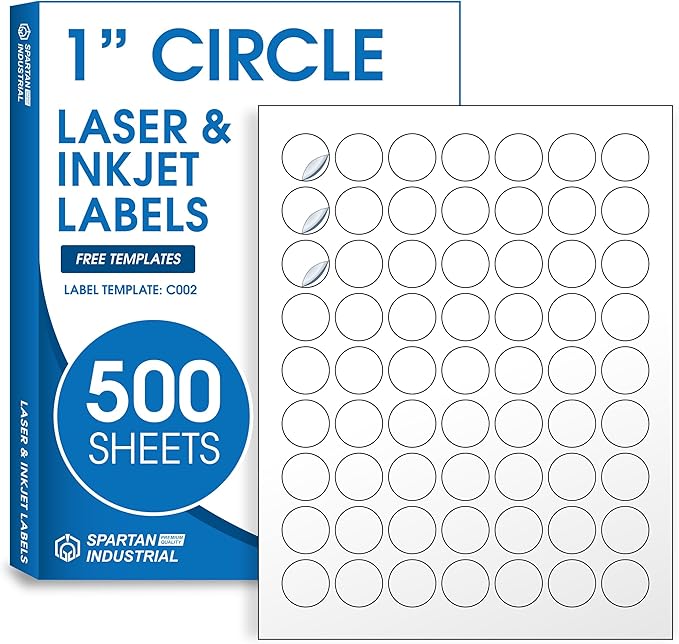 1" Printable Round Labels for Laser and Inkjet Printers - 31500 Blank Labels, 500 Sheets for Price Tags, Thank You Stickers, QR Codes, Business Logos - Spartan Industrial Template C002