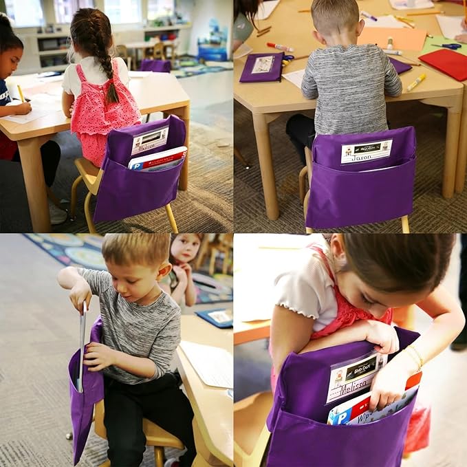 Seat Sack Student Chair Storage Pocket - 19", Classroom Chair Organizer for Student Desks, Durable Over-the-Chair Storage, Purple, 25-Pack