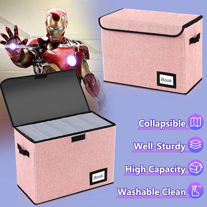 10 Pack Comic Book Storage Box 15.8" X 7.8" X 11.8", Collapsible Holds 160-180 Comic Book Organizer Heavy Duty Bin Container Holder Shelf (Pink)