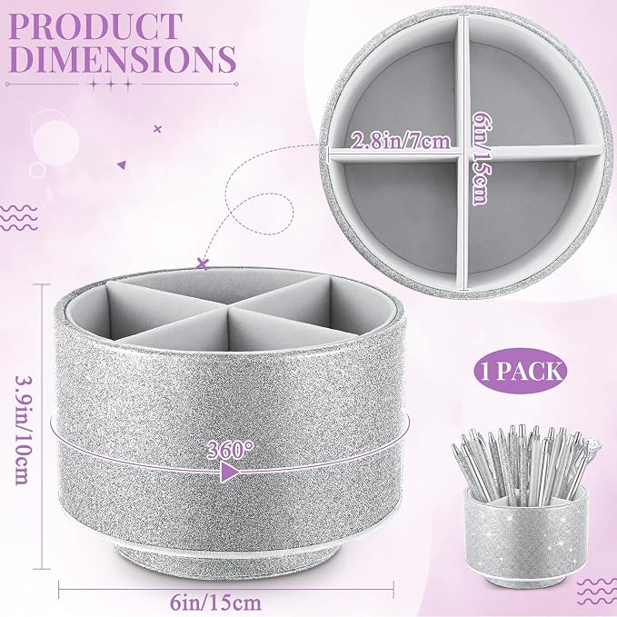 Epakh PU Leather Glitter Pen Holder 360 Degree Spinning Silver Bling Pencil Cup Gift for Teacher Women Girls Makeup Brush Organizer Cup Desk Office Classroom Home Back to School Festival (6 Inch)