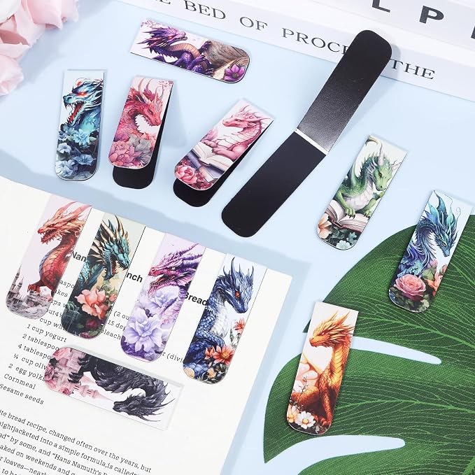 Wxiben Cool Dragon Magnetic Bookmark - 30Pcs Flower Dragon Bookmarks Magnets Unique Animal Book Marks Page Magnets Marker Clip Gifts for Book Lovers Reading Bookworms Office Supplies