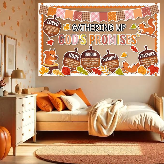 Fall Thanksgiving Religious Bulletin Board Set Autumn Squirrels Classroom Decorations Bible Verse Gathering Up God's Promises Paper Cutouts for Home Christian School Church Chalkboard Wall Door Decor