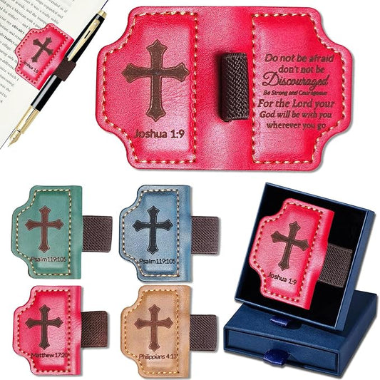 Bygone Mark Personalized Magnetic Leather Bookmark with Pen Holder,Inspirational Bible Verse Religious Bookmarks,Christian Book Lovers Reading Accessory for Men Women (RED, Joshua 1:9)