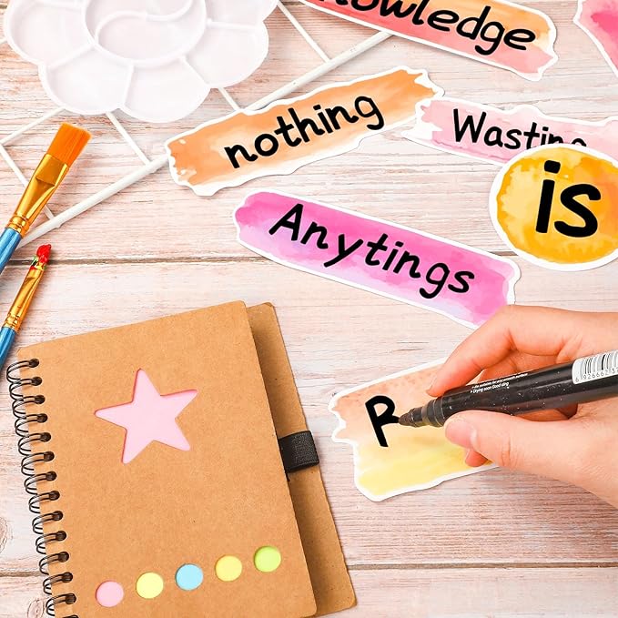 Yexiya 240 Pcs Watercolor Classroom Decor Watercolor Label Stickers for Bulletin Board Circles Rectangle Name Tag Cutouts for Teacher School Education Materials Chalkboard Wall Decor