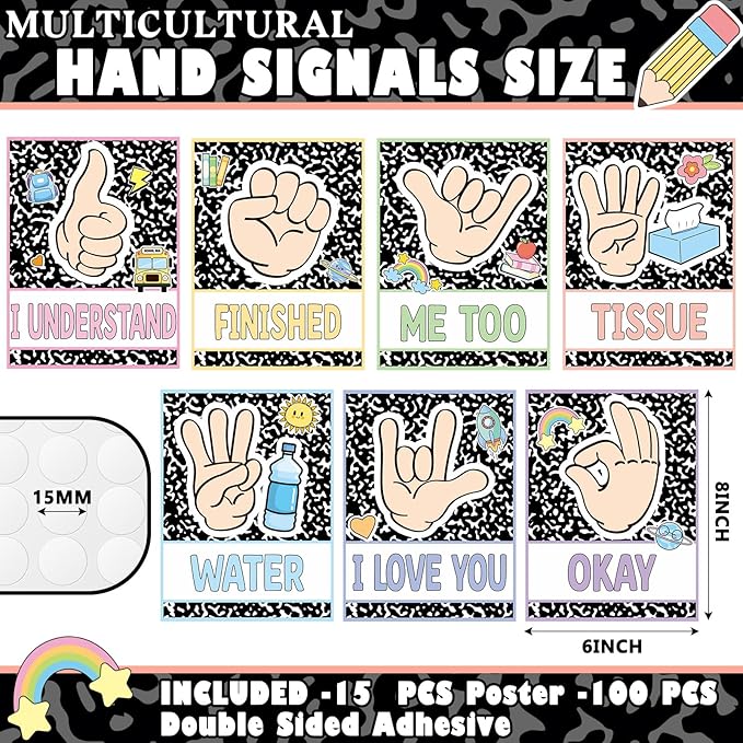MotiMind 15 Pcs Classroom Hand Signal Cards Signal with Adhesive Tapes Decor Classroom Learning Bulletin Board Hand Signals Language Posters for Teachers Students Visual Cues(Composition Notebook)