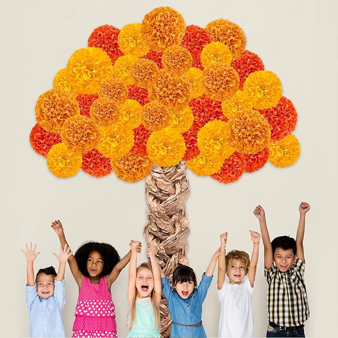 Fall Thanksgiving Tree Bulletin Board Set DIY 3D Tree with Paper Pom Poms Kraft Craft Bulletin Board Classroom Wall Decorations for Fall Thanksgiving Party School Chalkboard Teacher Supplies (Orange)