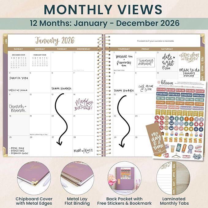 bloom daily planners HARDCOVER 2026 Planner for Women (January to December) - 8.5” x 11” Weekly & Monthly Dated Agenda Organizer Book with Stickers & Tabs - Purple Linen