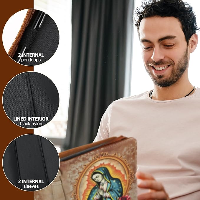 Fullhawl Spanish Bible Cover for Men Women PU Leather Bible Case 11x7.5x2.3 Inches Large Waterproof Christian Biblia Cover Print Decor for Wedding Church Religious Gift(Classical)
