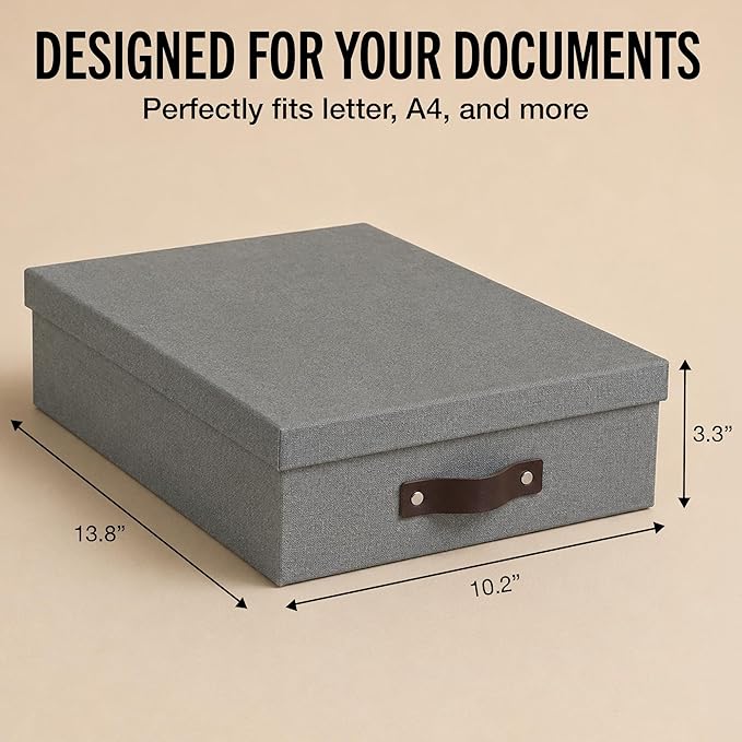Bigso Oskar Canvas Fiberboard Document Letter Box - File Organizer Box for Important Paperwork - Document Storage with a Lid & Leather Handle - 3.3 in x 10.2 in x 13.8 in - Gray