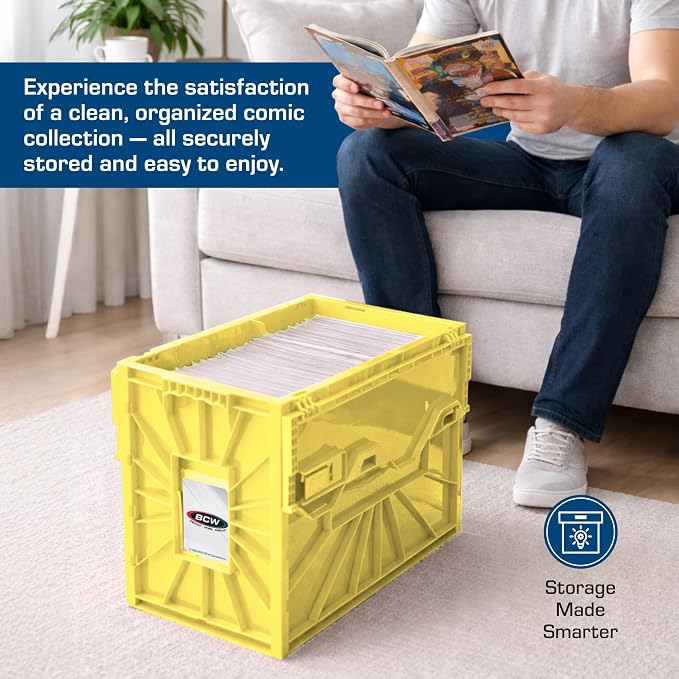 BCW Short Comic Book Bin | Holds 150 Comics | Stackable Plastic Storage | Acid-Free Organizer | Yellow, 5 Pack