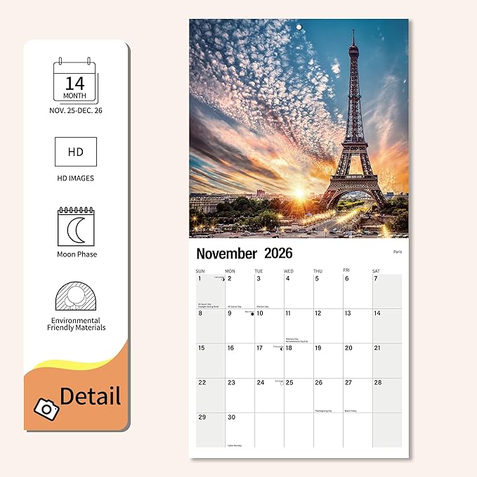 Wall Calendar 2026 Planner Calendar - France Hangable Monthly Wall Calendar with Large Blocks for Organizing & Planning, Academic Schedule, Home, Office & family, Thick & Sturdy Paper (12"x24" Open)