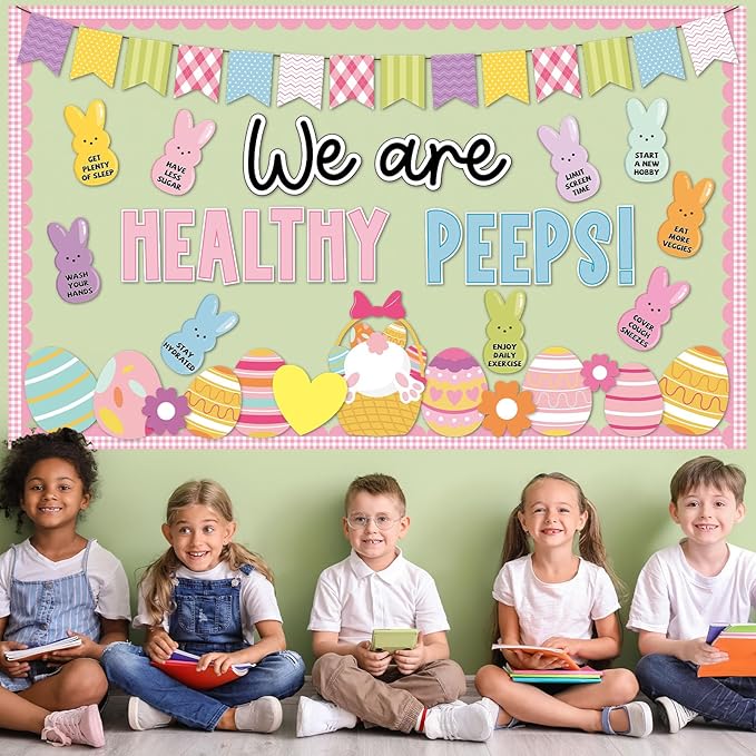 Easter Bulletin Board Decorations Set Health Habits Classroom Decoration Easter Egg Bunny Flower Cutouts Health Theme Bulletin Board for Spring Holiday Party School Home Nursery Chalkboard Wall Decor