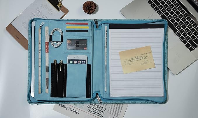 AZXCG Leather Portfolio with Zipper, Embossed PU Leather Padfolio Folio, Professional Business Document Organizer with A4 Letter Sized Writing Pad Holder(Sky Blue, Standard)