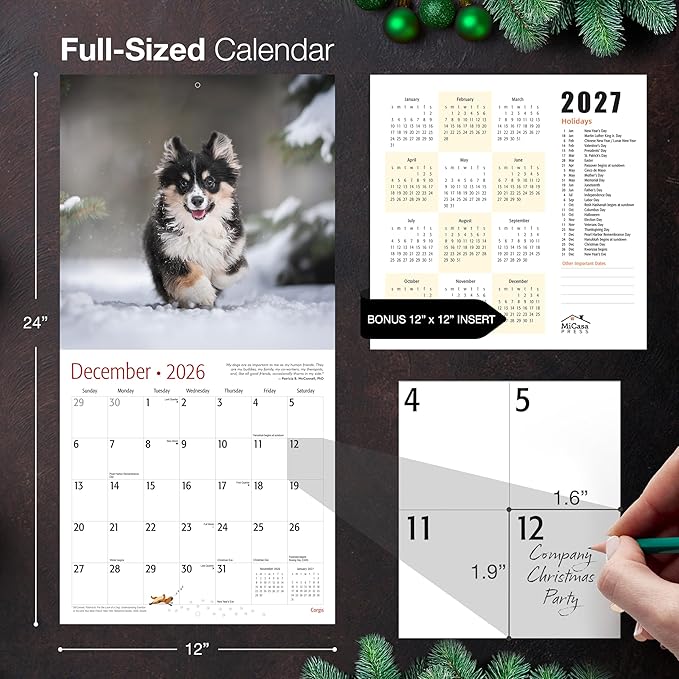 MICASA PRESS Corgis 2026 Wall Calendar 12 Month | 12" x 24" Open | Thick & Sturdy Paper | Giftable | Cute Puppy Dog Calendar 2026