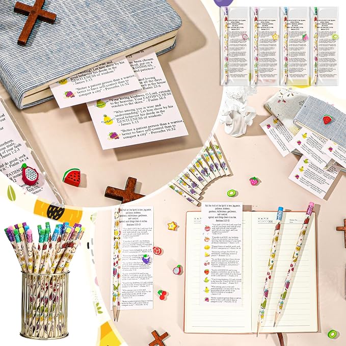 MotiMind 45 Set Fruit of The Spirit Gifts Fruits of The Spirit Bookmarks Christian Fruits Pencils Erasers Bulk Religious Dancing Fruit for Sunday School Teacher Appreciation Church First Day of School