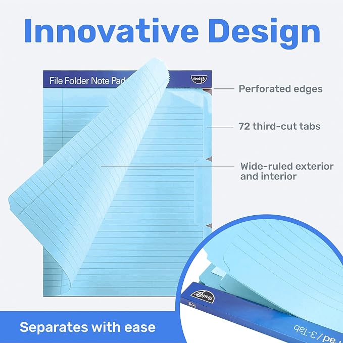 Find It File Folder Notepad - Pack of 72-9.5 x 12.5 Inch Notebook Organizer Folders for Filing, Document, and Clipboard Organization - Blue
