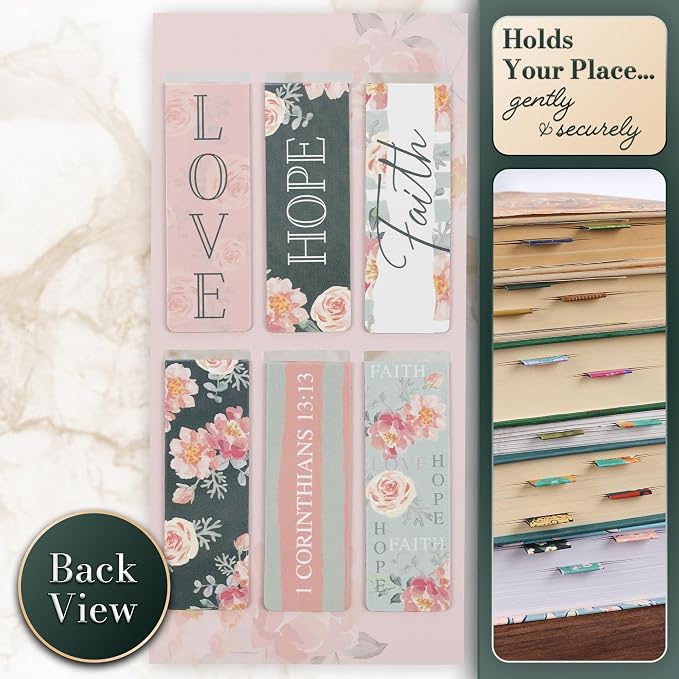 Christian Art Gifts Magnetic Scripture Bookmark Set for Men and Women: Faith, Hope, Love - 1 Corinthians 13:13 Inspirational Pink Rose Themed Magnetic Pagemarkers Set of 6 for Bibles, Size 2.3" x 0.8"