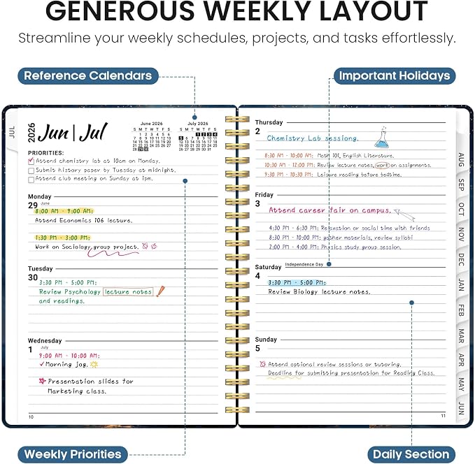 Planner 2026–2027, Academic Year Monthly & Weekly Calendar Book, Jul 2026–Jun 2027, Hardcover Organizer with Tabs, Student & Teacher Planner, 6.3" x 8.5", Golden Tide