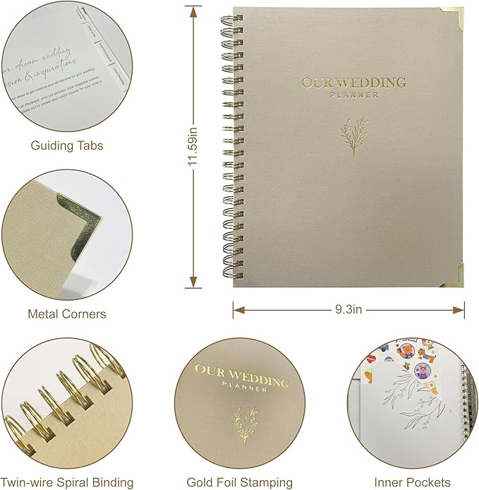 Wedding Planner Book and Organizer for Bride - Elegant Linen Cover Wedding Planning Binder with Checklists,Pockets & Calendars,Perfect Engagement Gifts for Couples(Apricot)
