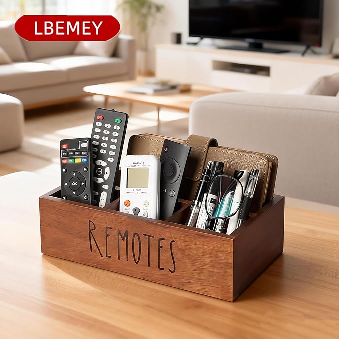 LBEMEY Acacia Wood Remote Control Holder, TV Remote Holder, Remote Organizer for Table,Home,Living room, bedroom for Wooden Remote Box (Brown, XL,for 6+ Remote Controls)