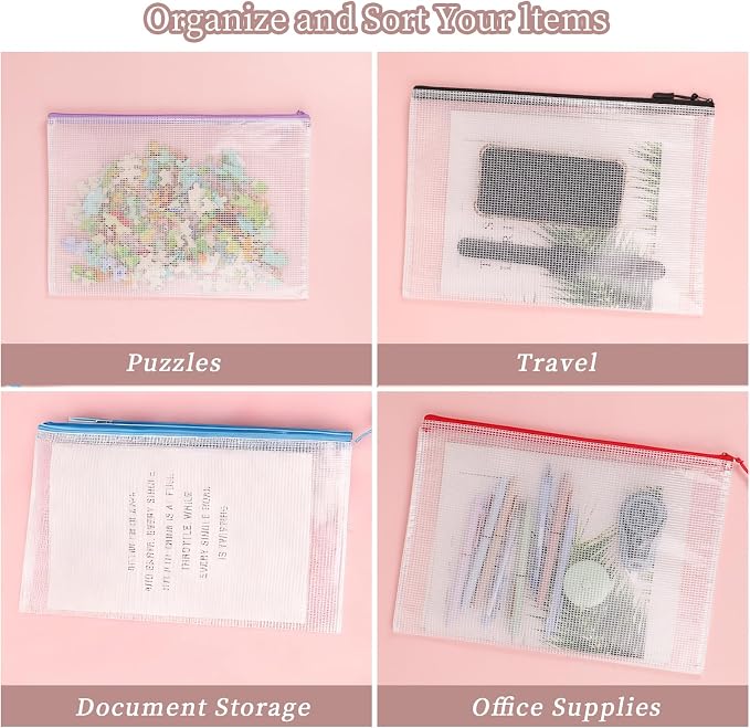 Multibey 10 Pack 10 Colors Mesh Zipper Pouch Bags, A4 13 x 9.5 inch Waterproof Zipper Pouches for Organizing, Reusable Document Bags for Office Supplies, Puzzle & Board Game Storage
