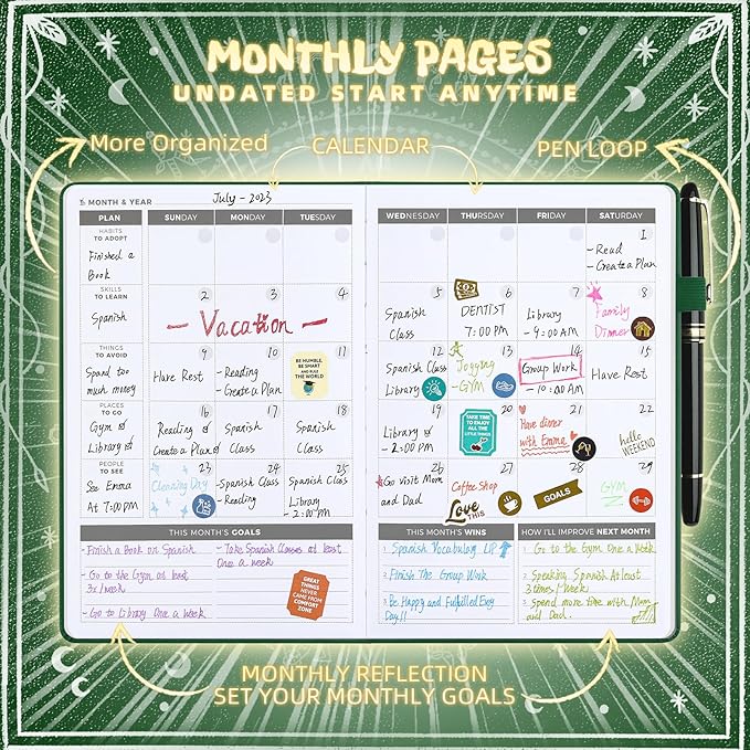 Undated Academic Planner Hardcover (5.5x8.5") - Flexible Weekly & Monthly Organizer with Stickers, Productivity Journal for Students & Professionals(Dark Green)