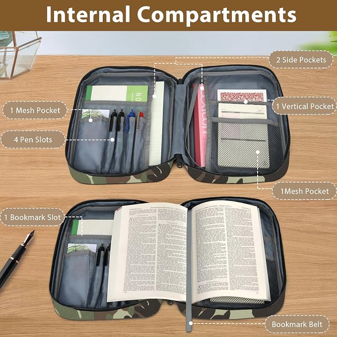Bible Cover with Durable Handle, Carrying Book Case Church Bag Bible, Protective with Zippered Pocket, Bible Study Accessories Supplies, Book Protector for Book Lovers, Camouflage