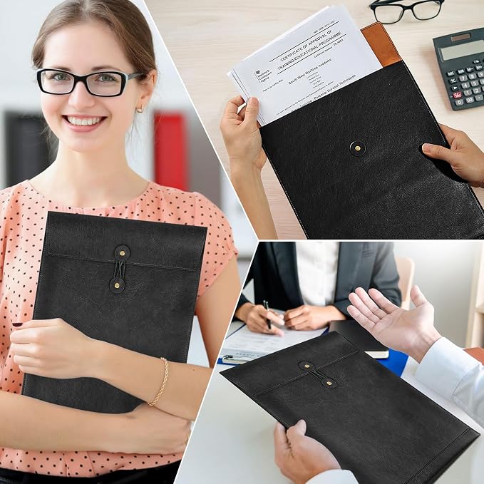 Black PU Leather File Folder for Documents,Important Document Folder with String Tie,Laptop Sleeve Notebook Case,Leather File Organizer, A4 Envelopes Filing Folder