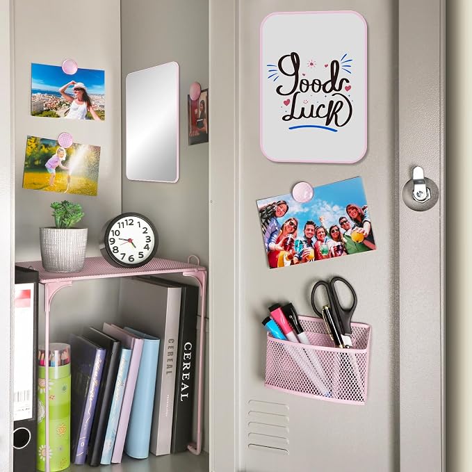 AKONEGE 11 PCS Locker Accessories Kit Pink Locker Organizer Decorations Supplies Includes Folding Shelf, Magnetic Mirror & Whiteboard, Pen Holder, Dry Erase Markers, Magnets, Back to School Essentials