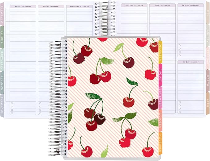 7x9 Coiled Academic Planner (January 2026 - December 2026) - Fruity Cherry cover, Pastel Minimal theme, platinum coil