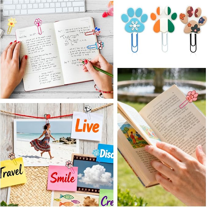 Cute Paper Clips,30Pcs Cute Paw Print Bookmark Paperclip Bulk Metal Colorful Planner Clip Charm Clamp Cat Dog Paw Print Desk Accessories Stationery Office Supplies gift for Student Teacher Party Decor