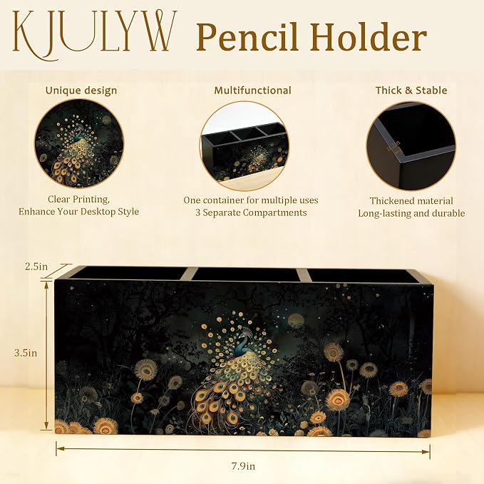 Peacock Pen Holder for Desk, Peacock Gifts for Women, Dark Academia Moody Floral Peacocks Wooden Box Pencil Pen Holder Organizer for Home Office Desk Accessories