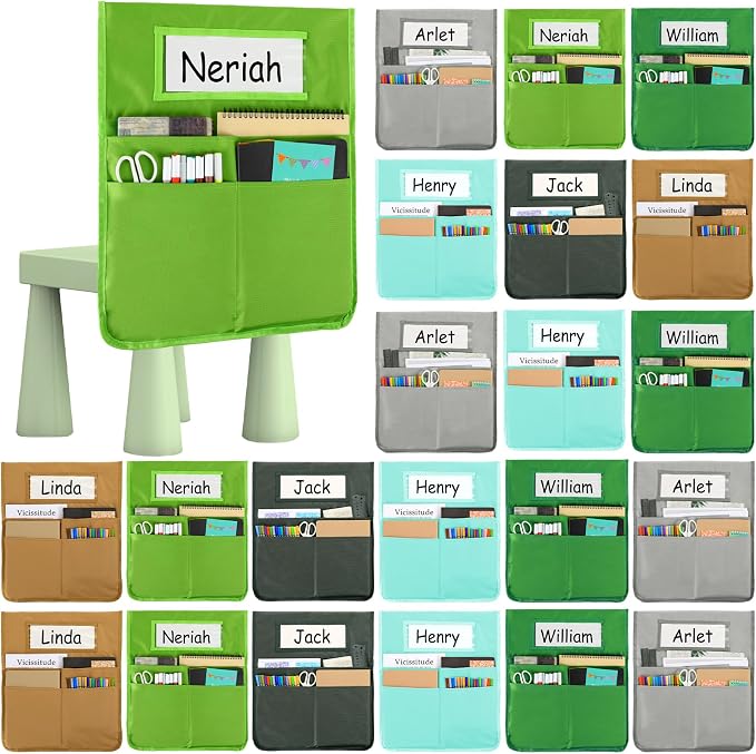gisgfim 24 Pcs Chair Pockets for Classroom 16.7 x 19.3 Inch s with Name Tag Chairback 3 Pockets Chairs Seat Back Organizer for Elementary School Daycare Home Supply (Greenery)