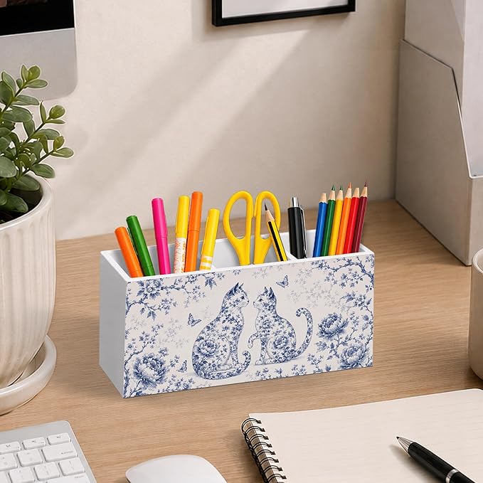 Blue Chinoiserie Cat Pen Pencil Holder for Desk, Cat Lover Gifts for Women, Cottagecore Botanical Floral Kitty Wooden Pencil Holder Organizer Desk Accessories Decor for Home Office Desk